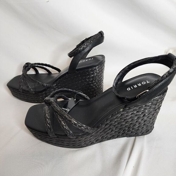 13W Torrid Black Strappy Raffia Platform 4" Wedge Espadrille Sandal Wide Width - Picture 4 of 11